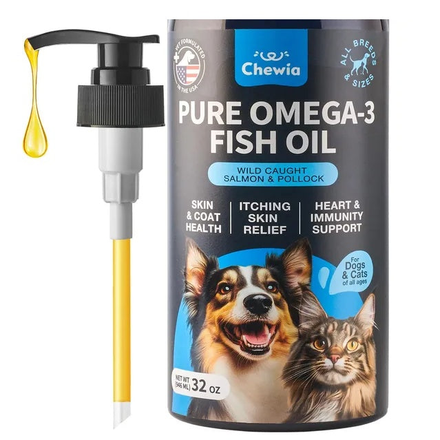 Omega-3 Fish Oil for Dogs & Cats 🐾 | Skin & Coat Supplement for Itchy Relief, Shedding Control & Immune Support | Wild-Caught Salmon Oil (32oz)