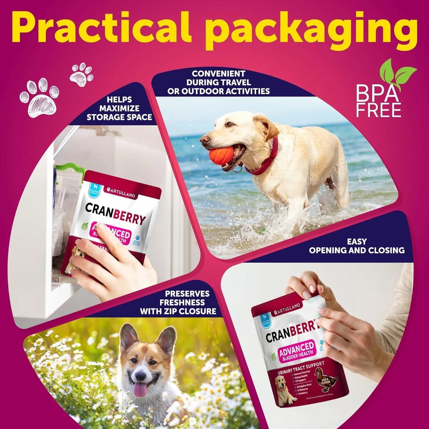 Dog UTI Treatment Cranberry Supplement 🐾 | Urinary Tract & Bladder Control Soft Chews for Dogs | Kidney Support with D-Mannose, Duck Flavor (70 Chews)