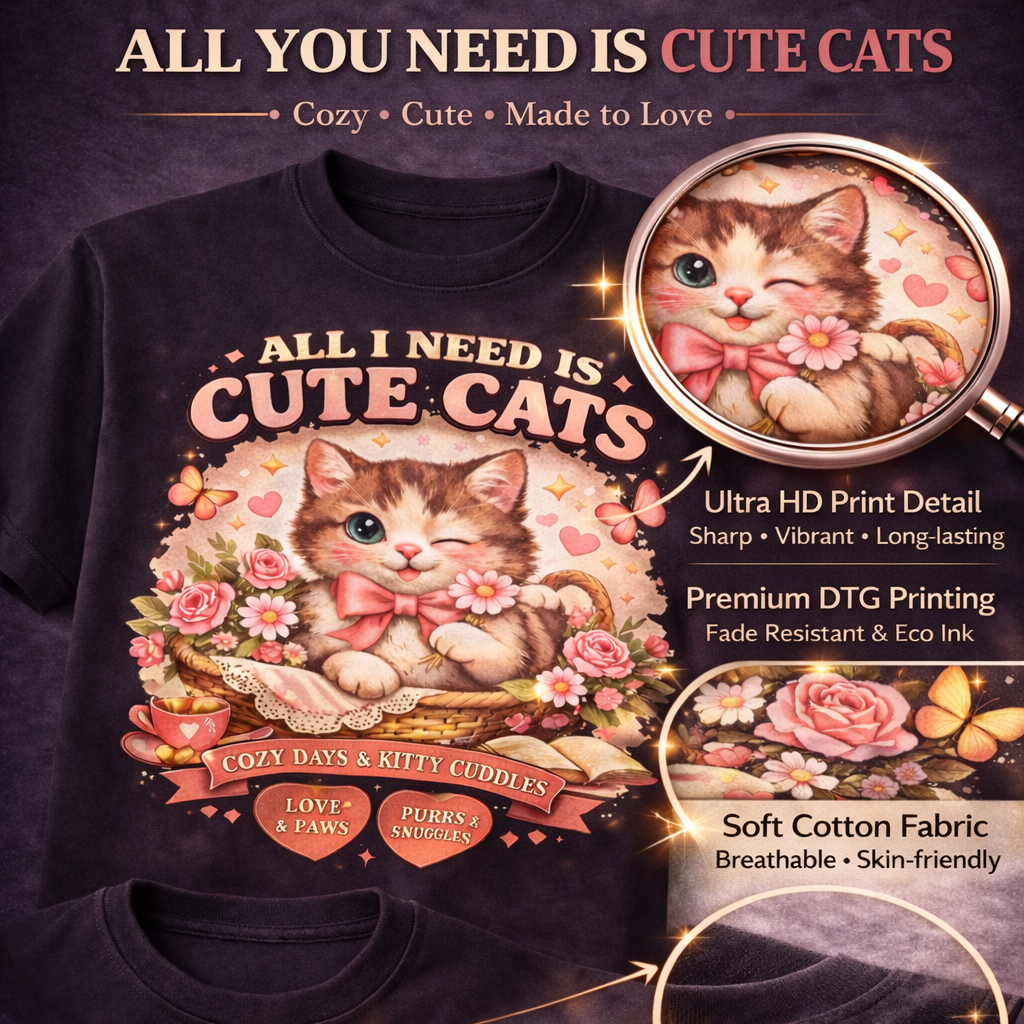 Life Feels Better With Cats 🐱 | All I Need Is Cute Cats T-Shirt | Cozy Vintage Washed Tee | Soft Organic Cotton Shirt for Cat Lovers