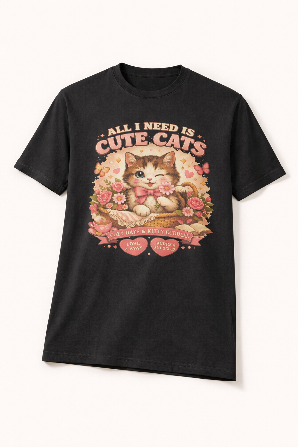 Life Feels Better With Cats 🐱 | All I Need Is Cute Cats T-Shirt | Cozy Vintage Washed Tee | Soft Organic Cotton Shirt for Cat Lovers