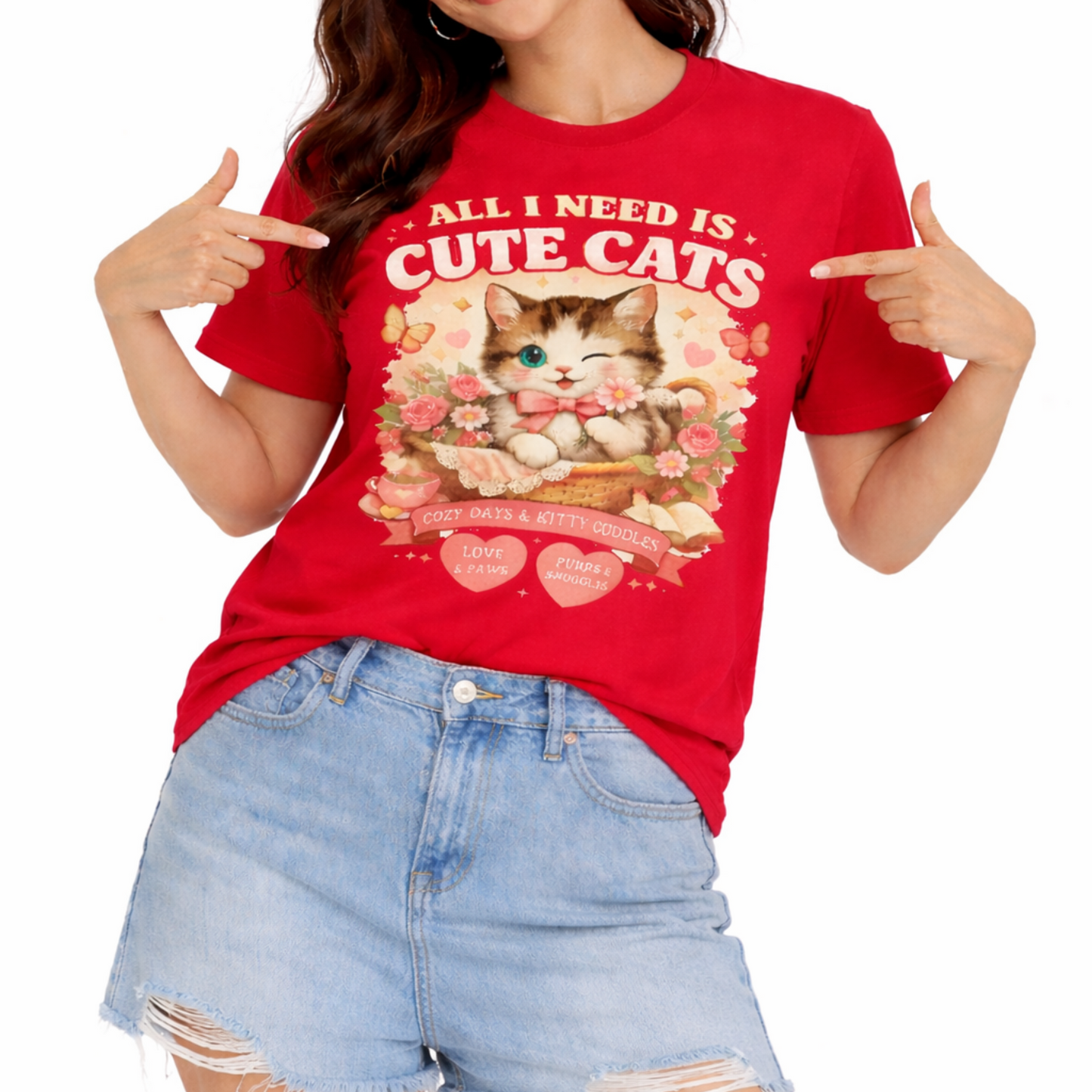 Life Feels Better With Cats 🐱 | All I Need Is Cute Cats T-Shirt | Cozy Vintage Washed Tee | Soft Organic Cotton Shirt for Cat Lovers