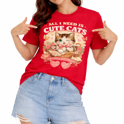 Life Feels Better With Cats 🐱 | All I Need Is Cute Cats T-Shirt | Cozy Vintage Washed Tee | Soft Organic Cotton Shirt for Cat Lovers