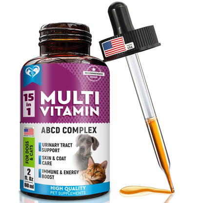 Ultimate 15-in-1 Cat & Dog Multivitamin Drops | Cranberry for Urinary Health, Hip & Joint Support, Skin & Coat Boost – 60ml Natural Pet Supplement