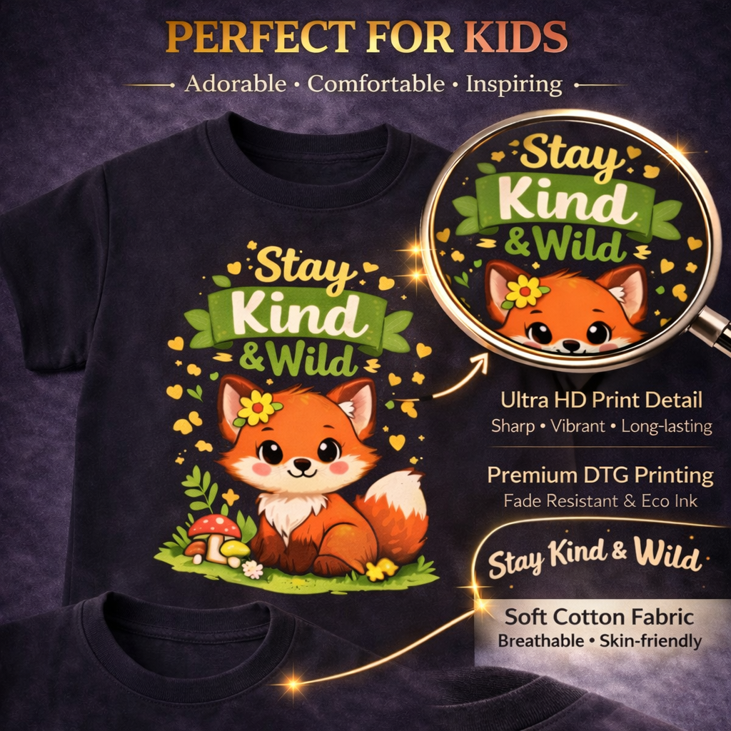Raise Them Kind & Wild 🦊 | Stay Kind & Wild Toddler T-Shirt | Cute Fox Kids Shirt | Soft Cotton Positive Kids Tee | Gift for Toddlers
