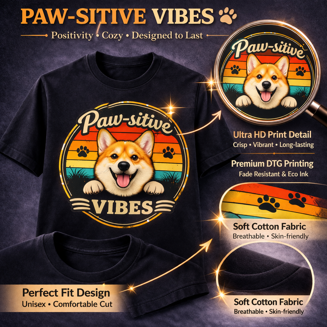 Bad Day? Wear This. 🐾 Paw-sitive Vibes Corgi T-Shirt | Cute Dog Graphic Tee | Organic Cotton Retro Sunset Shirt | Feel Good Gift for Dog Lovers