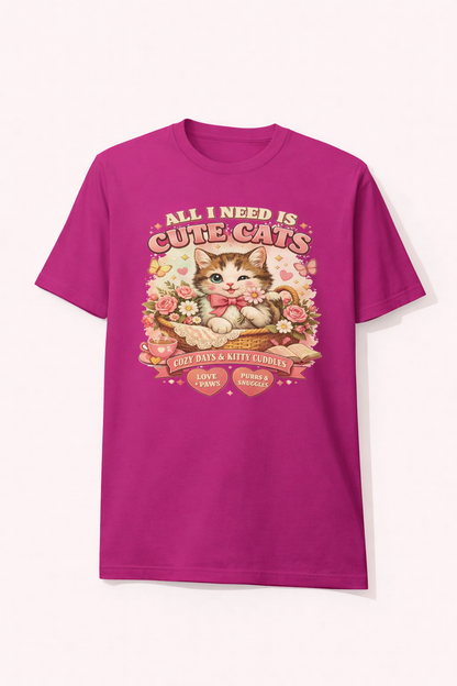Life Feels Better With Cats 🐱 | All I Need Is Cute Cats T-Shirt | Cozy Vintage Washed Tee | Soft Organic Cotton Shirt for Cat Lovers