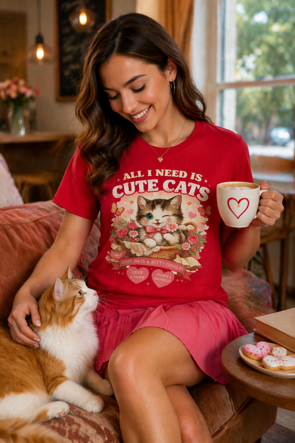 Life Feels Better With Cats 🐱 | All I Need Is Cute Cats T-Shirt | Cozy Vintage Washed Tee | Soft Organic Cotton Shirt for Cat Lovers