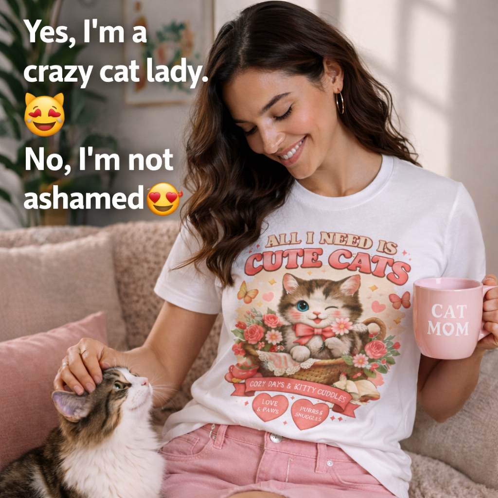 Life Feels Better With Cats 🐱 | All I Need Is Cute Cats T-Shirt | Cozy Vintage Washed Tee | Soft Organic Cotton Shirt for Cat Lovers
