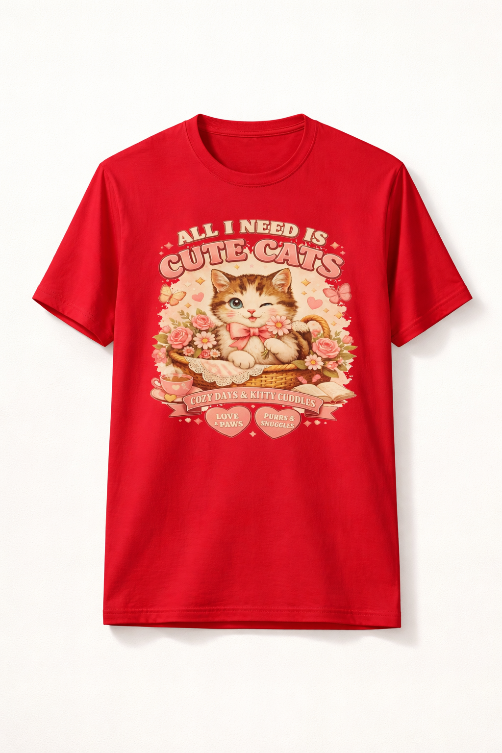 Life Feels Better With Cats 🐱 | All I Need Is Cute Cats T-Shirt | Cozy Vintage Washed Tee | Soft Organic Cotton Shirt for Cat Lovers