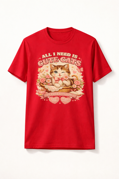 Life Feels Better With Cats 🐱 | All I Need Is Cute Cats T-Shirt | Cozy Vintage Washed Tee | Soft Organic Cotton Shirt for Cat Lovers