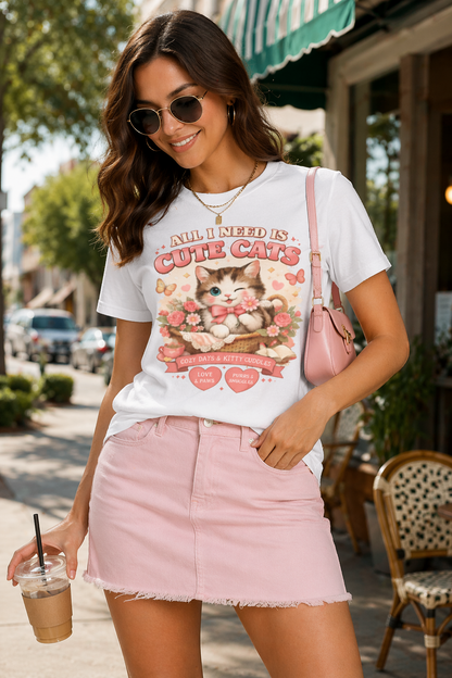 Life Feels Better With Cats 🐱 | All I Need Is Cute Cats T-Shirt | Cozy Vintage Washed Tee | Soft Organic Cotton Shirt for Cat Lovers