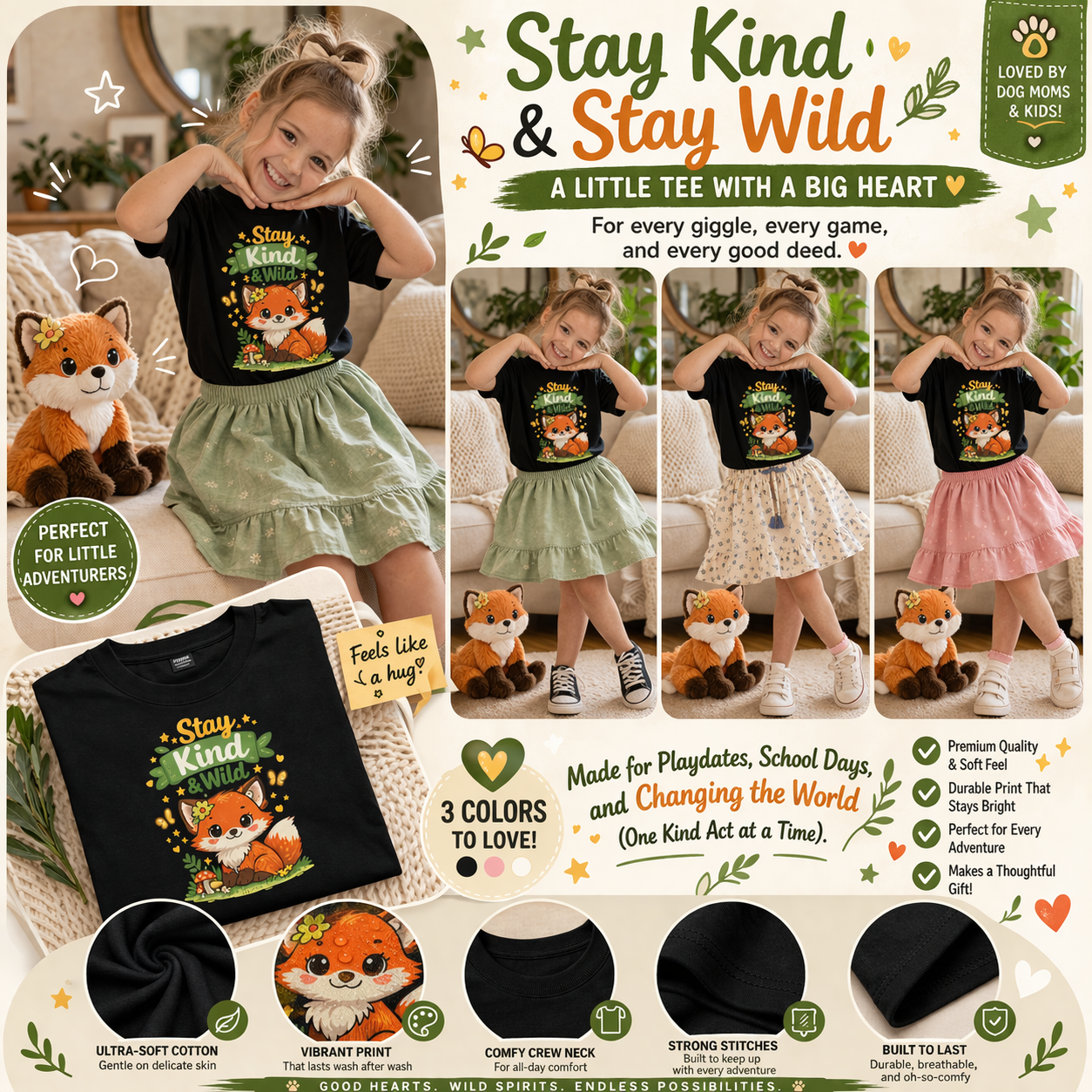 Raise Them Kind & Wild 🦊 | Stay Kind & Wild Toddler T-Shirt | Cute Fox Kids Shirt | Soft Cotton Positive Kids Tee | Gift for Toddlers