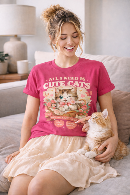 Life Feels Better With Cats 🐱 | All I Need Is Cute Cats T-Shirt | Cozy Vintage Washed Tee | Soft Organic Cotton Shirt for Cat Lovers