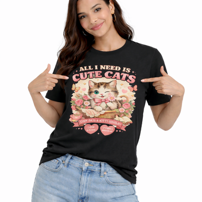 Life Feels Better With Cats 🐱 | All I Need Is Cute Cats T-Shirt | Cozy Vintage Washed Tee | Soft Organic Cotton Shirt for Cat Lovers