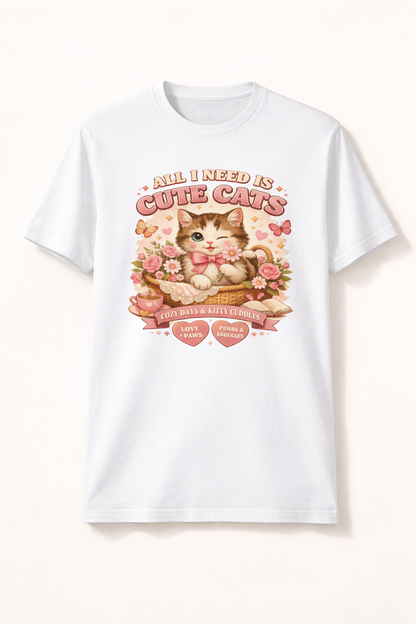 Life Feels Better With Cats 🐱 | All I Need Is Cute Cats T-Shirt | Cozy Vintage Washed Tee | Soft Organic Cotton Shirt for Cat Lovers
