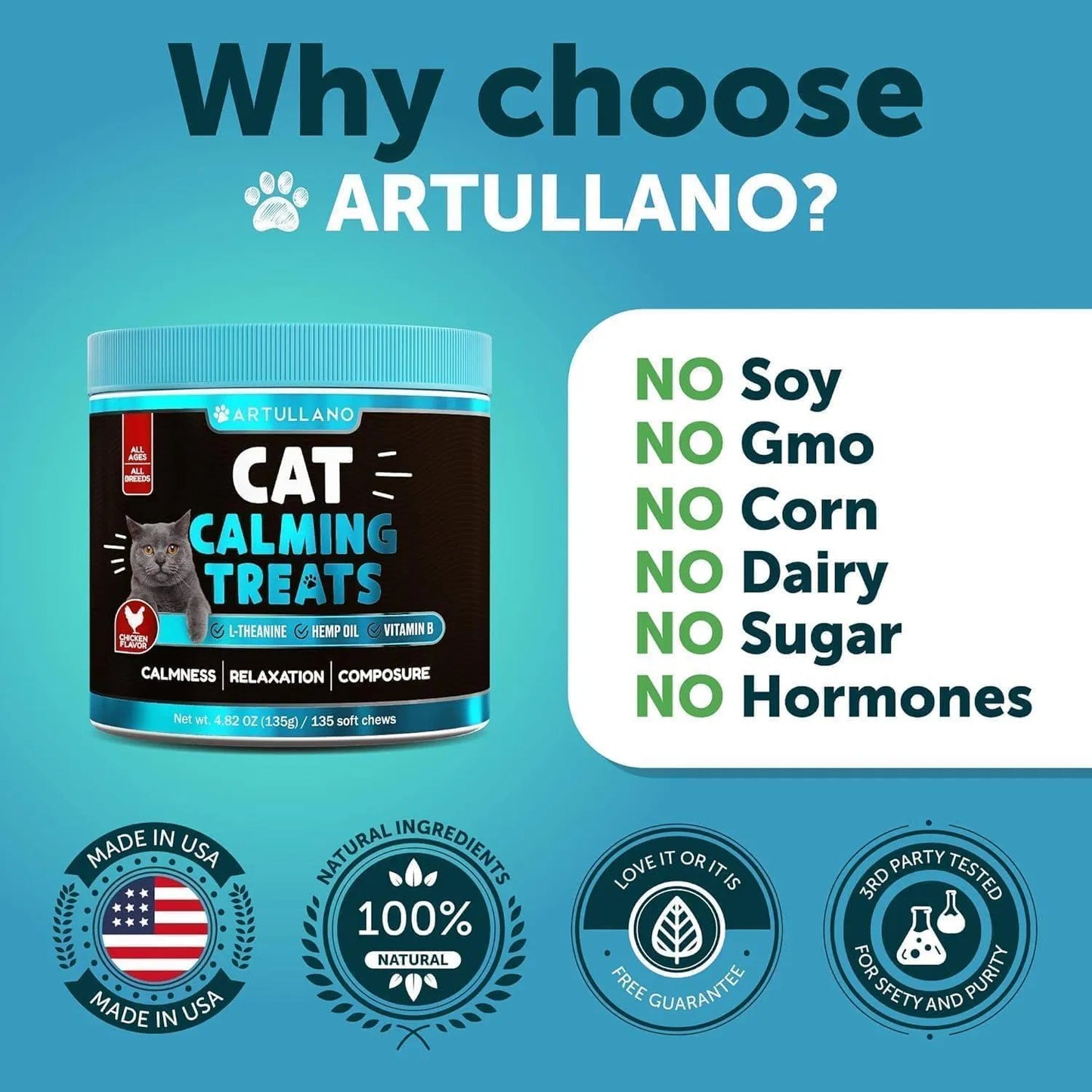 Cat Calming Treats for Anxiety & Stress Relief 🐱 | Soft Chews with L-Theanine, Hemp Oil & Vitamin B – Stop Scratching, Aggression & Overgrooming | Relaxation Support for Cats & Kittens