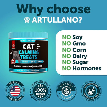 Cat Calming Treats for Anxiety & Stress Relief 🐱 | Soft Chews with L-Theanine, Hemp Oil & Vitamin B – Stop Scratching, Aggression & Overgrooming | Relaxation Support for Cats & Kittens