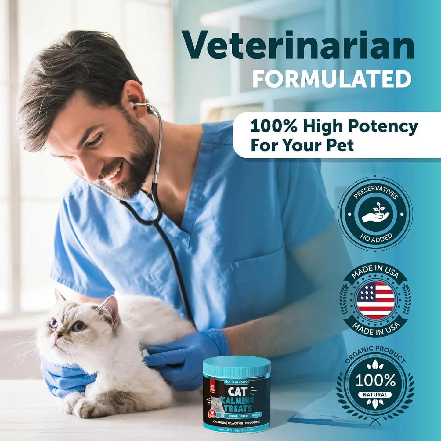 Cat Calming Treats for Anxiety & Stress Relief 🐱 | Soft Chews with L-Theanine, Hemp Oil & Vitamin B – Stop Scratching, Aggression & Overgrooming | Relaxation Support for Cats & Kittens