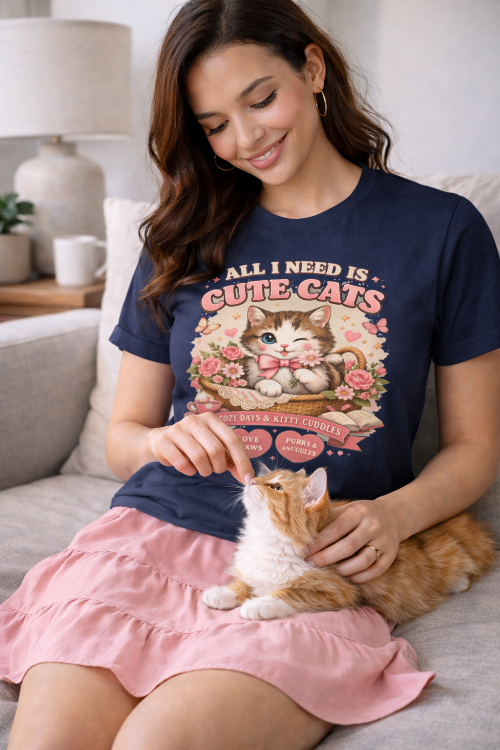 Life Feels Better With Cats 🐱 | All I Need Is Cute Cats T-Shirt | Cozy Vintage Washed Tee | Soft Organic Cotton Shirt for Cat Lovers