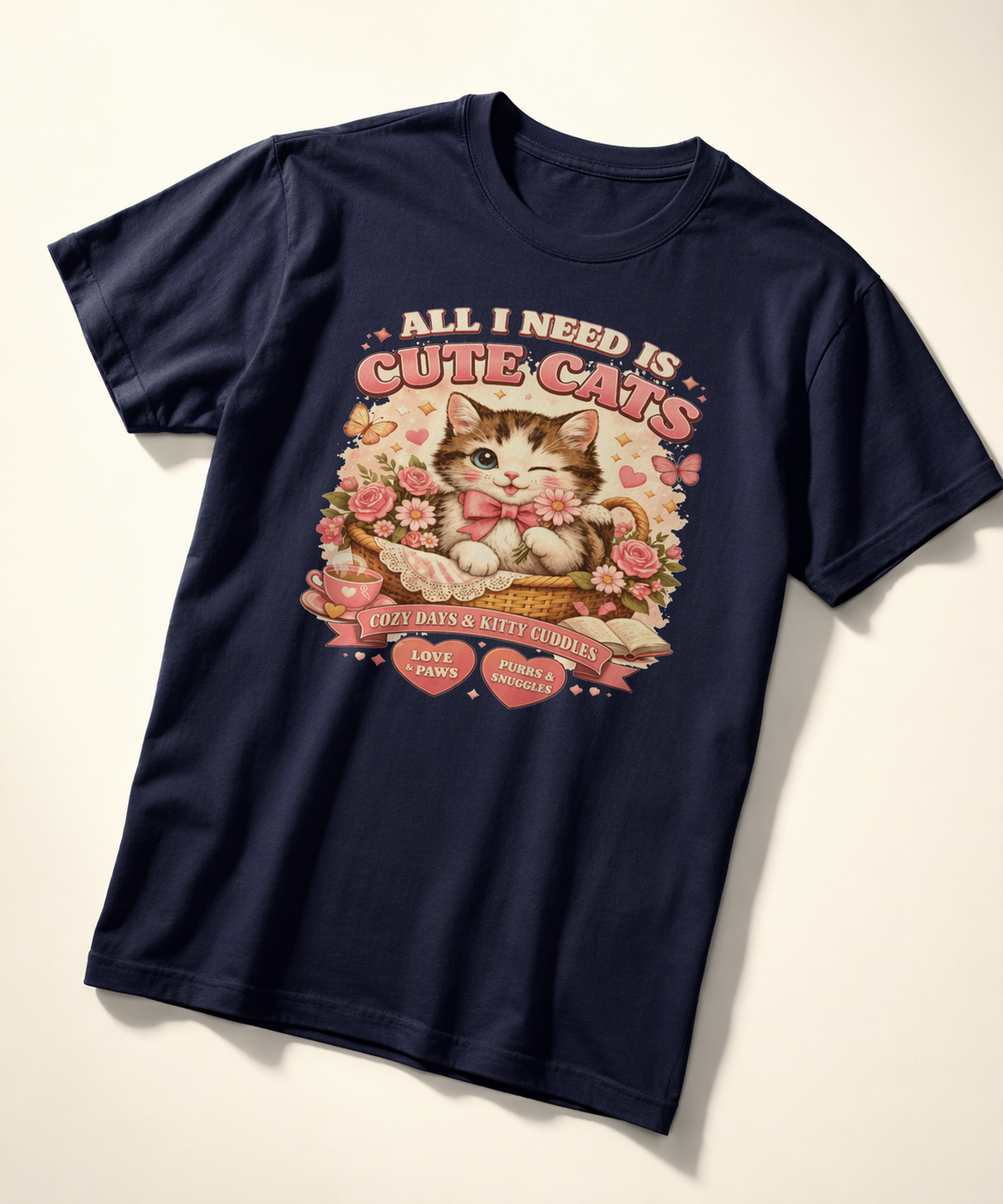 Life Feels Better With Cats 🐱 | All I Need Is Cute Cats T-Shirt | Cozy Vintage Washed Tee | Soft Organic Cotton Shirt for Cat Lovers