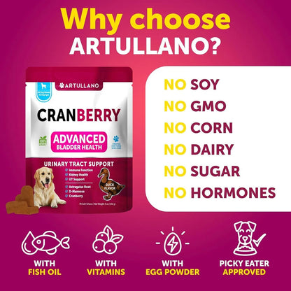 Dog UTI Treatment Cranberry Supplement 🐾 | Urinary Tract & Bladder Control Soft Chews for Dogs | Kidney Support with D-Mannose, Duck Flavor (70 Chews)