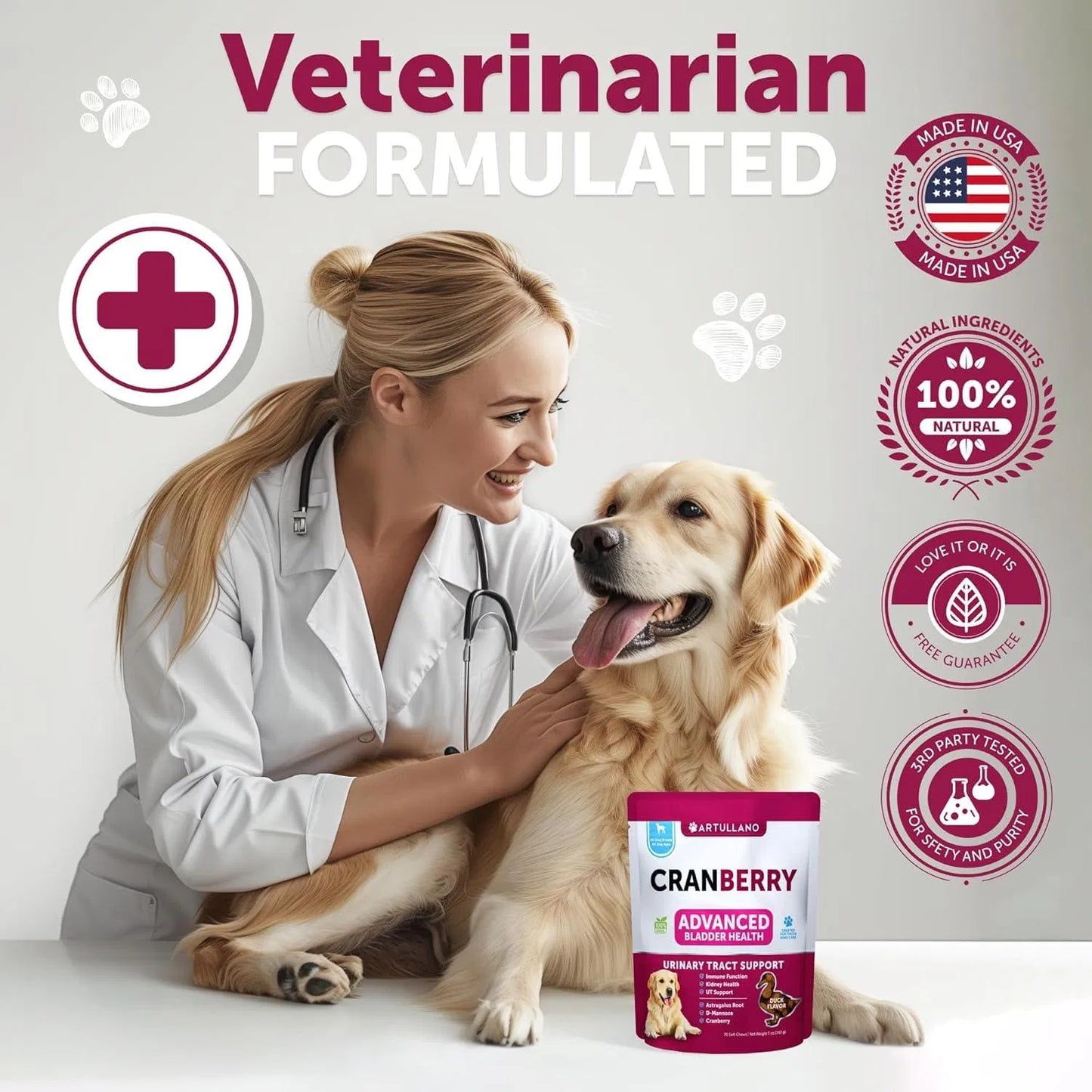 Dog UTI Treatment Cranberry Supplement 🐾 | Urinary Tract & Bladder Control Soft Chews for Dogs | Kidney Support with D-Mannose, Duck Flavor (70 Chews)