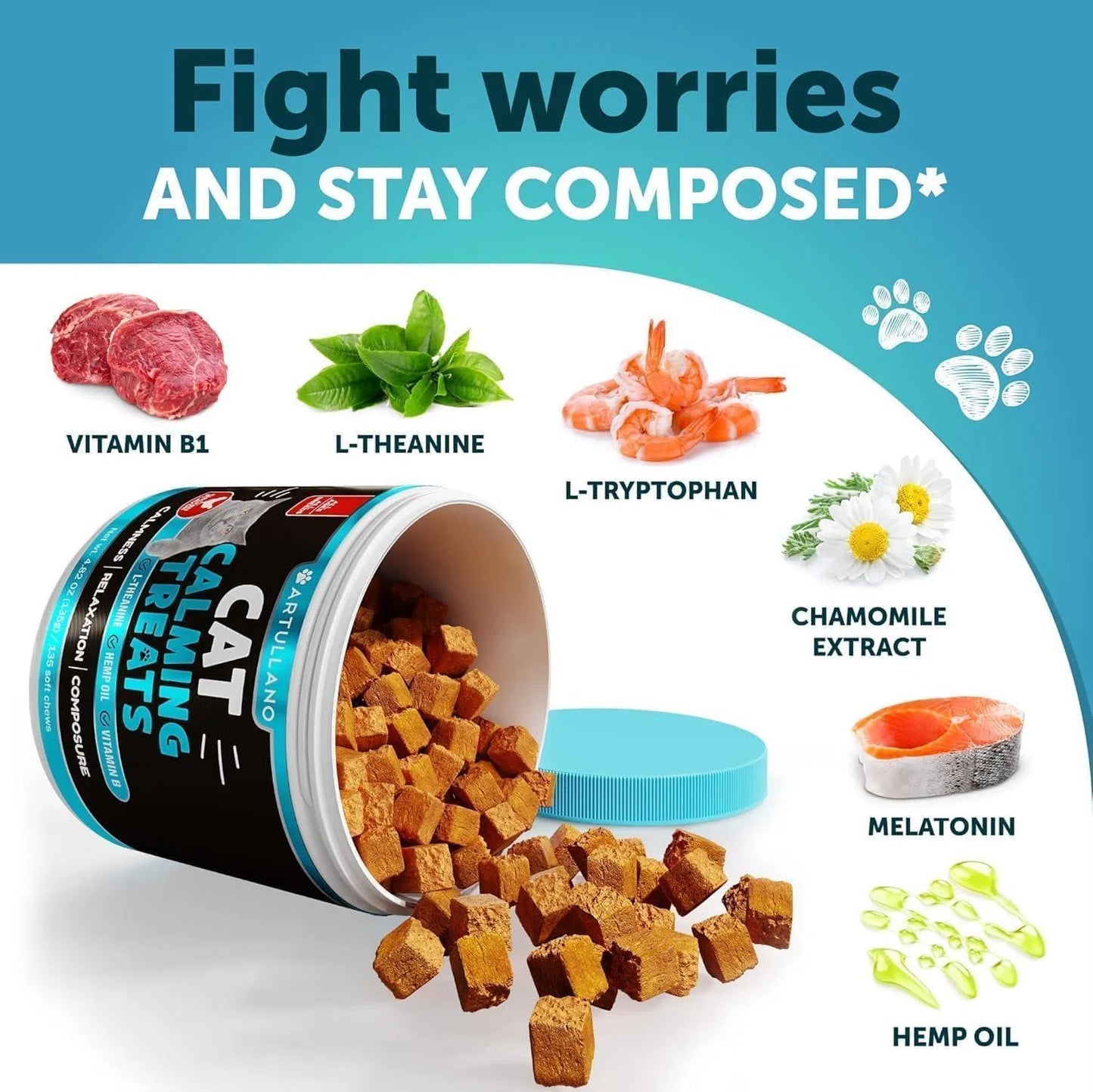 Cat Calming Treats for Anxiety & Stress Relief 🐱 | Soft Chews with L-Theanine, Hemp Oil & Vitamin B – Stop Scratching, Aggression & Overgrooming | Relaxation Support for Cats & Kittens