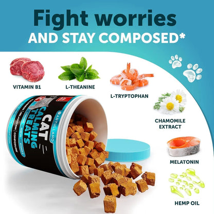 Cat Calming Treats for Anxiety & Stress Relief 🐱 | Soft Chews with L-Theanine, Hemp Oil & Vitamin B – Stop Scratching, Aggression & Overgrooming | Relaxation Support for Cats & Kittens