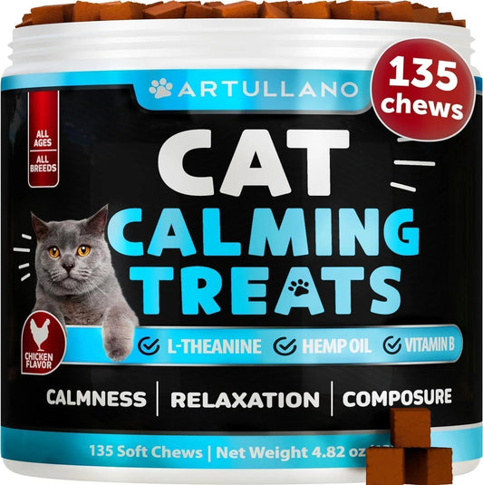 Cat Calming Treats for Anxiety & Stress Relief 🐱 | Soft Chews with L-Theanine, Hemp Oil & Vitamin B – Stop Scratching, Aggression & Overgrooming | Relaxation Support for Cats & Kittens