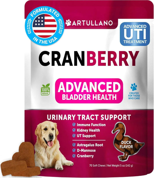 Dog UTI Treatment Cranberry Supplement 🐾 | Urinary Tract & Bladder Control Soft Chews for Dogs | Kidney Support with D-Mannose, Duck Flavor (70 Chews)