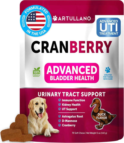 Dog UTI Treatment Cranberry Supplement 🐾 | Urinary Tract & Bladder Control Soft Chews for Dogs | Kidney Support with D-Mannose, Duck Flavor (70 Chews)